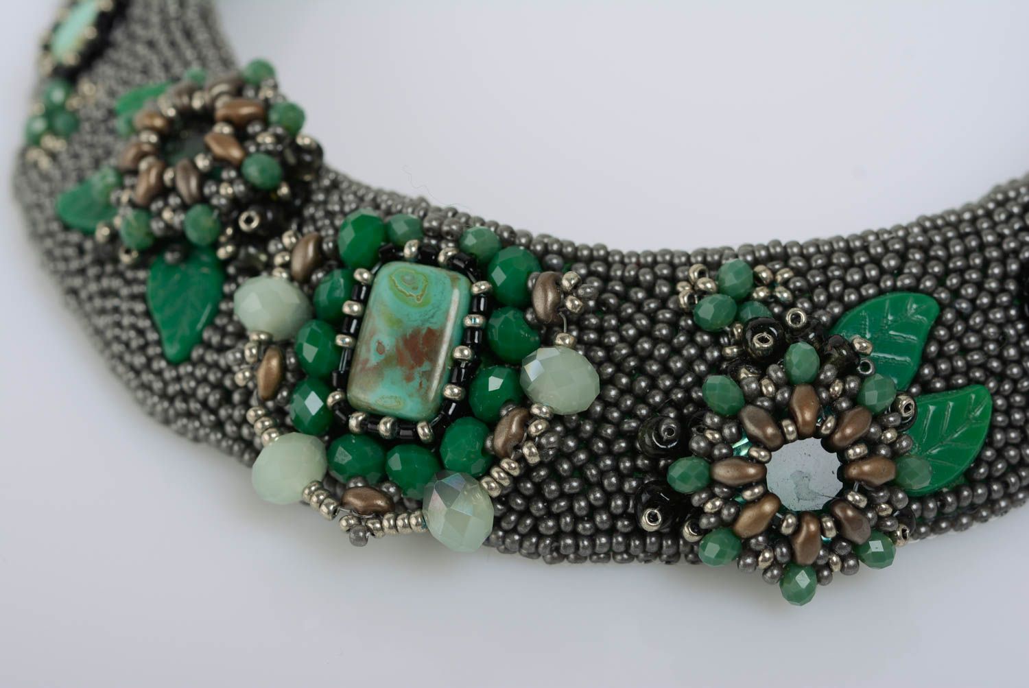 Handmade volume massive bead embroidered necklace with natural stones on chain photo 2