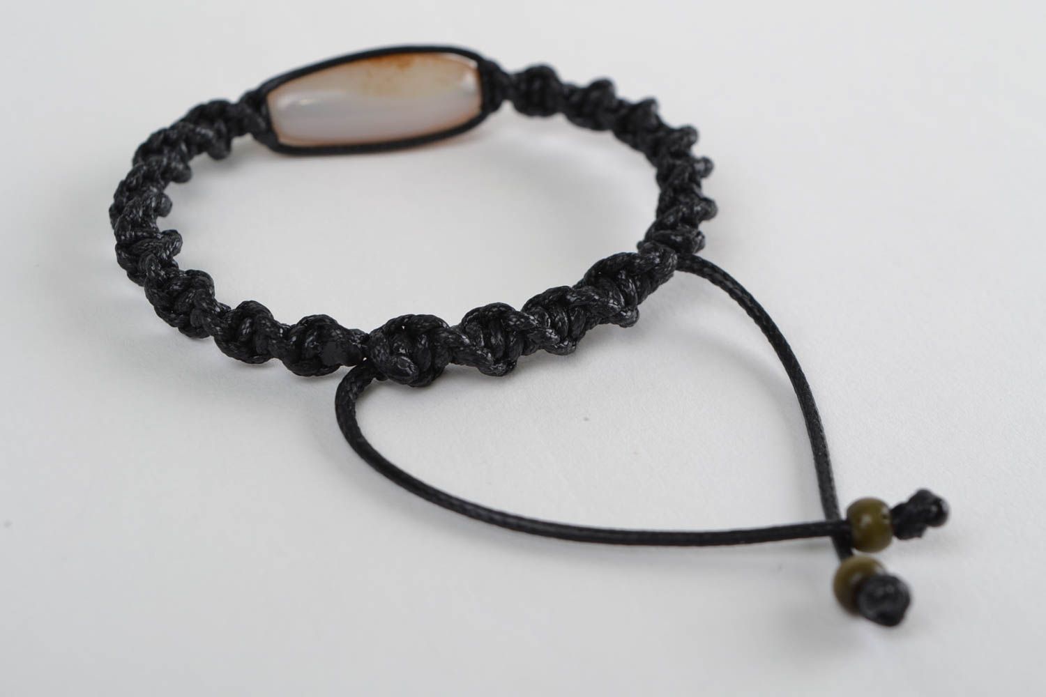 Handmade women's black woven waxed cord bracelet with natural agate stone photo 5