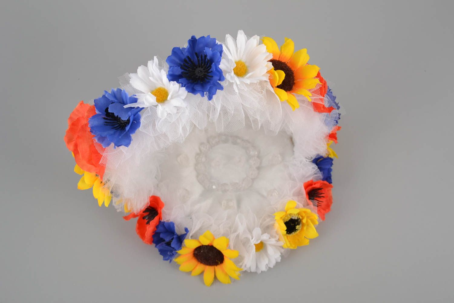 Unusual bright handmade designer wedding ring pillow with flowers photo 3