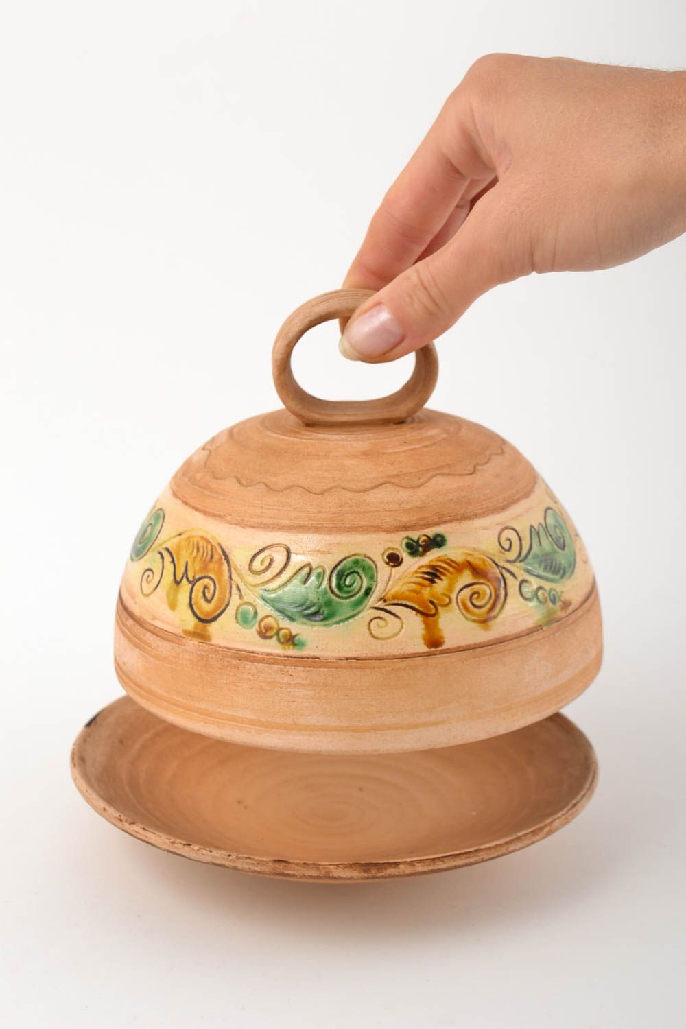 Керамическая тарелка ручной работы глиняная посуда тарелка с крышкой масляничка фото 2