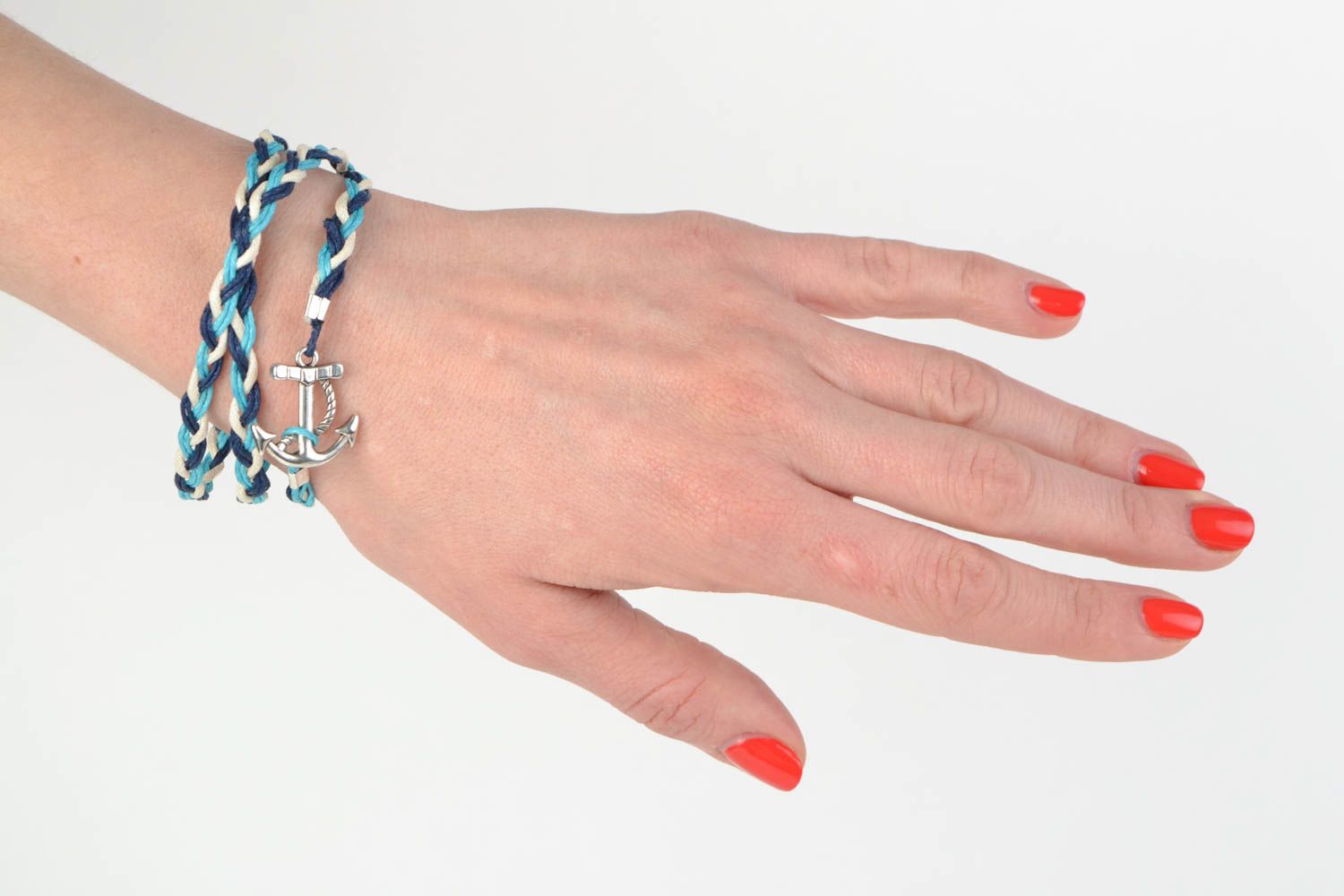 Bracelet tressé multirang en lacets cirés fait main bleu avec ancre style marin photo 2
