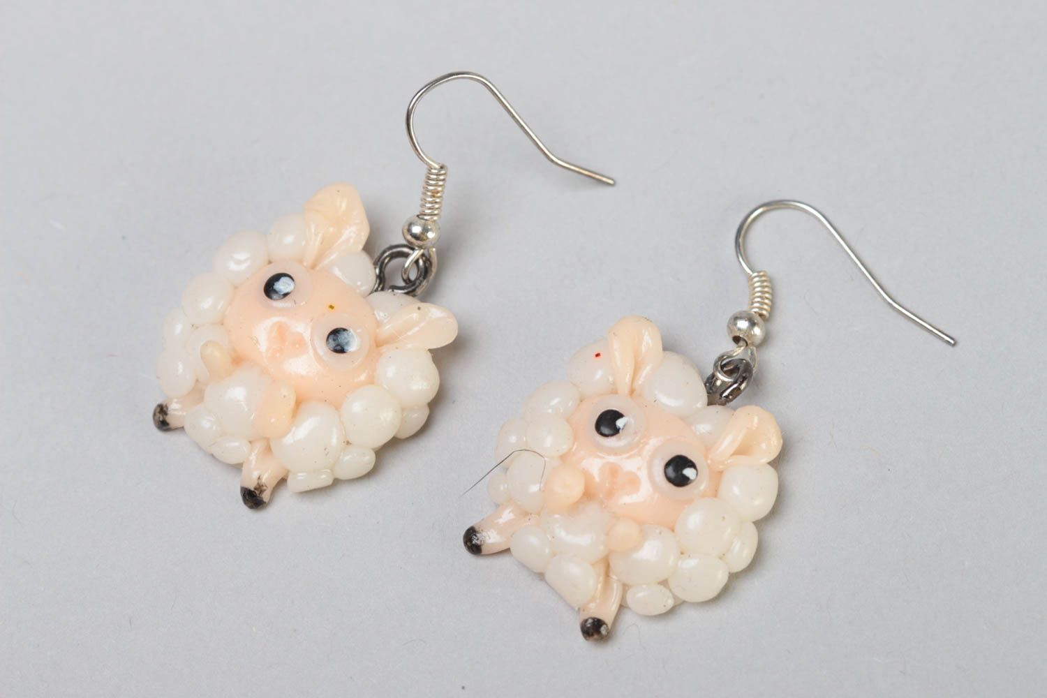 Handmade polymer clay dangling earrings in the shape of funny cute lambs photo 2