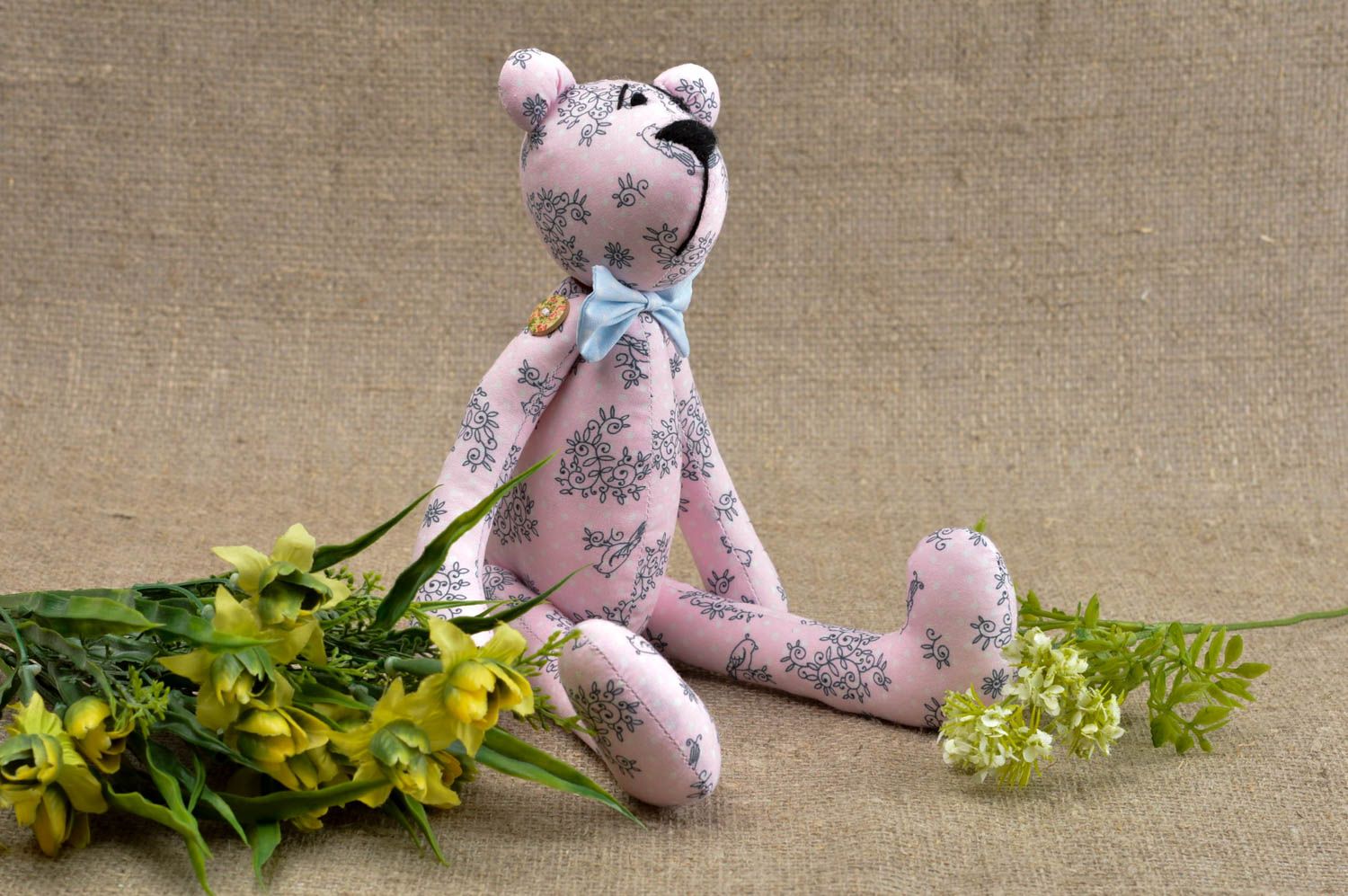 Jouet ours rose à motifs Peluche faite main en coton Cadeau pour enfant photo 1