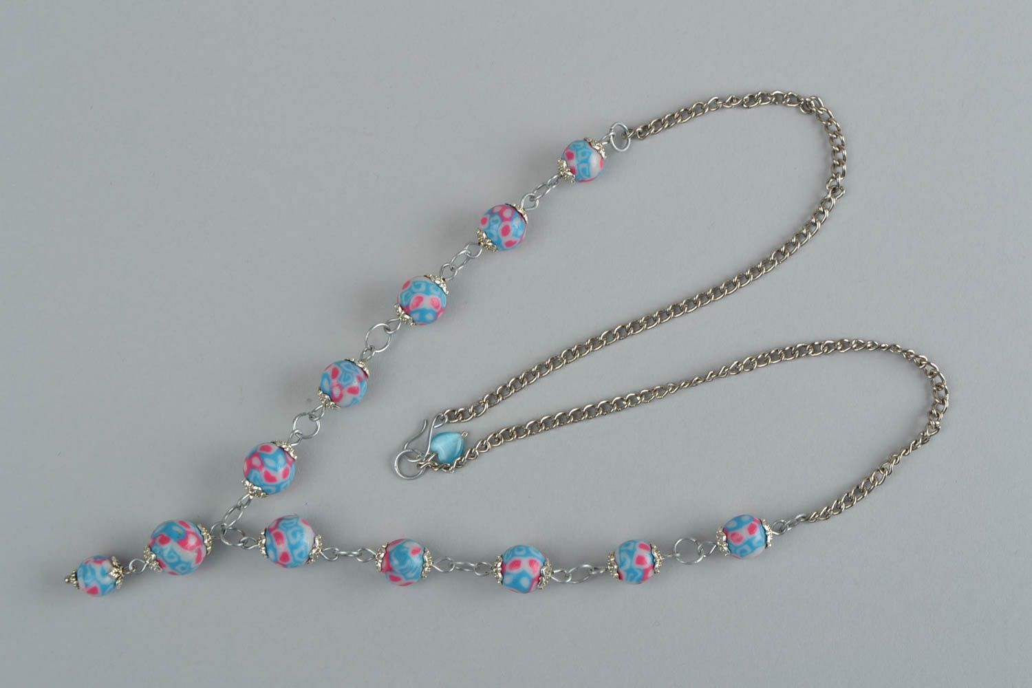 Red and blue beads necklace with metal chain photo 2