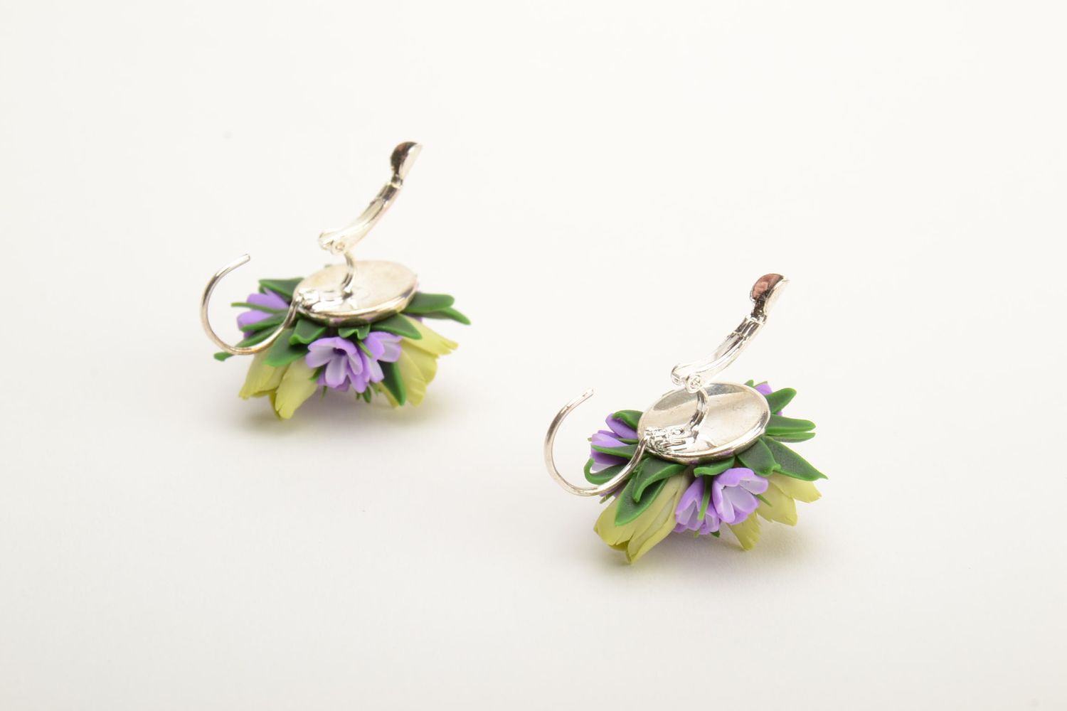 Handmade polymer clay tender violet floral jewelry set earrings and ring 2 items photo 2