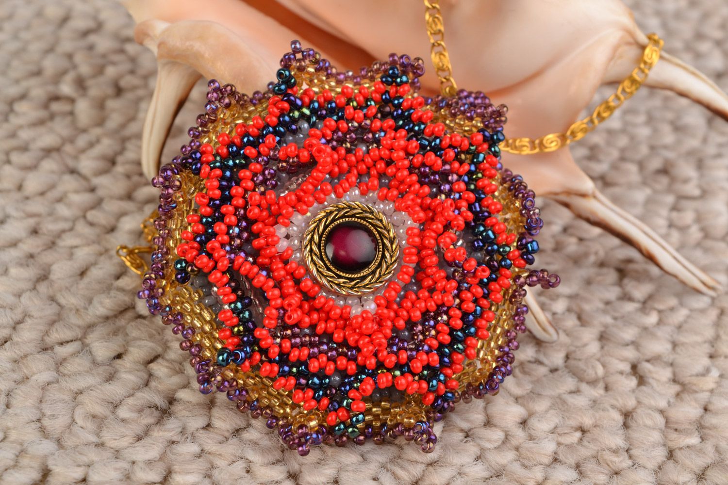 Handmade designer bead embroidered pendant with stones in red color palette photo 5