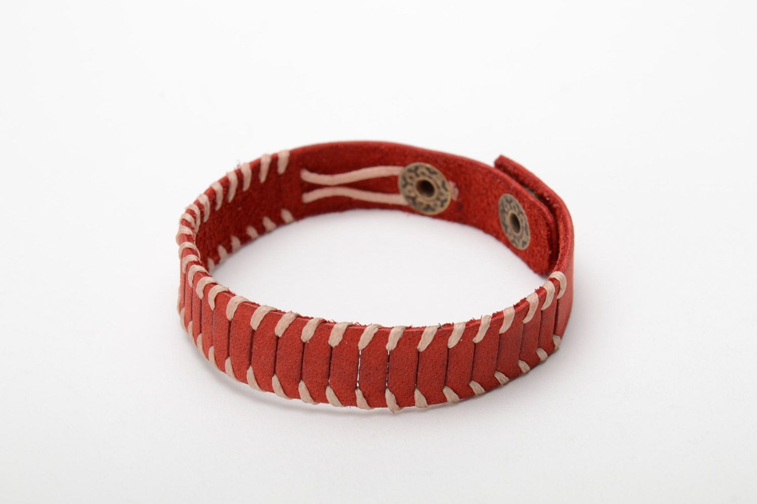 Handmade woven red genuine leather bracelet of middle width with studs photo 3