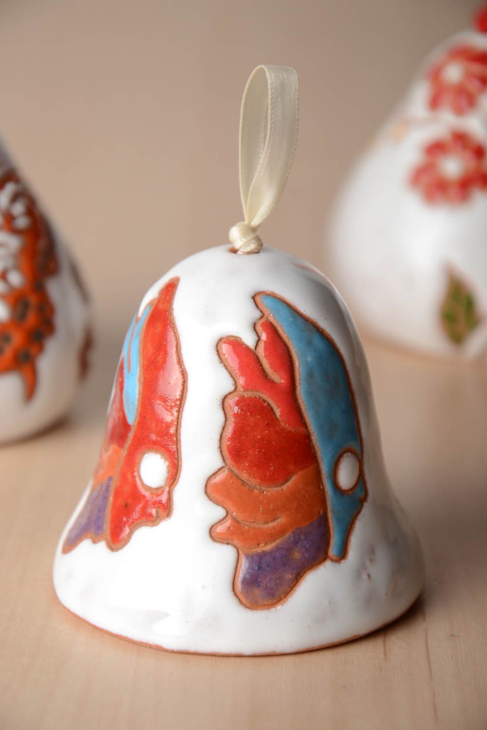 Original handmade white clay bell with paintings  photo 1