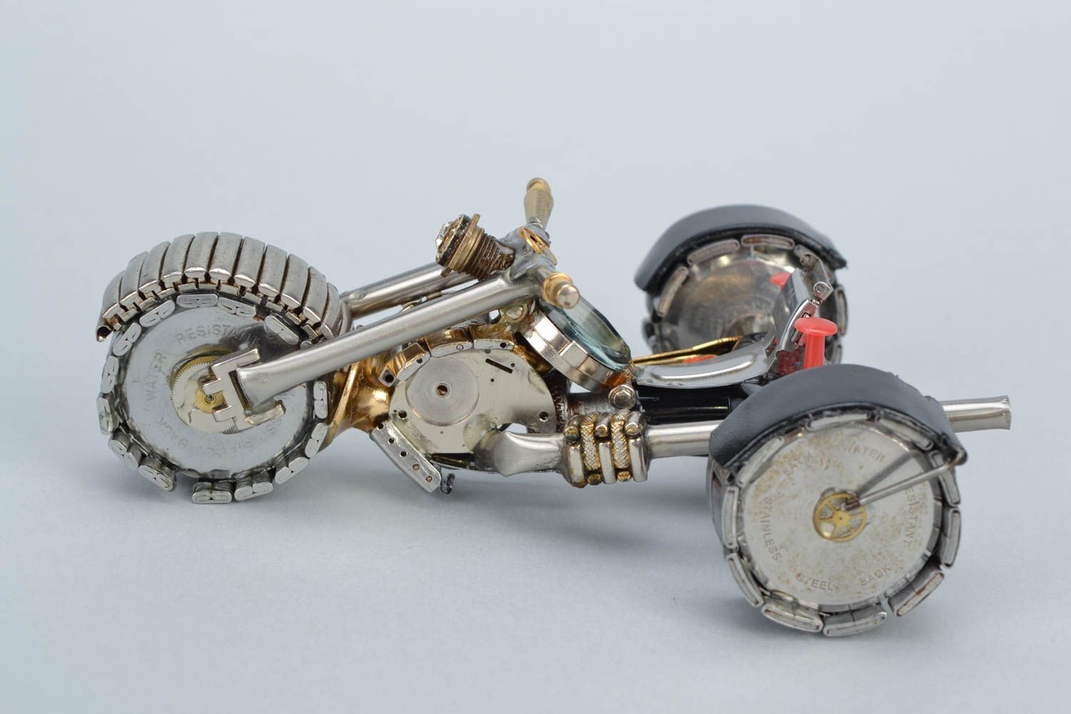 Handmade metal steampunk figurine of trike motorcycle with clock mechanisms photo 5