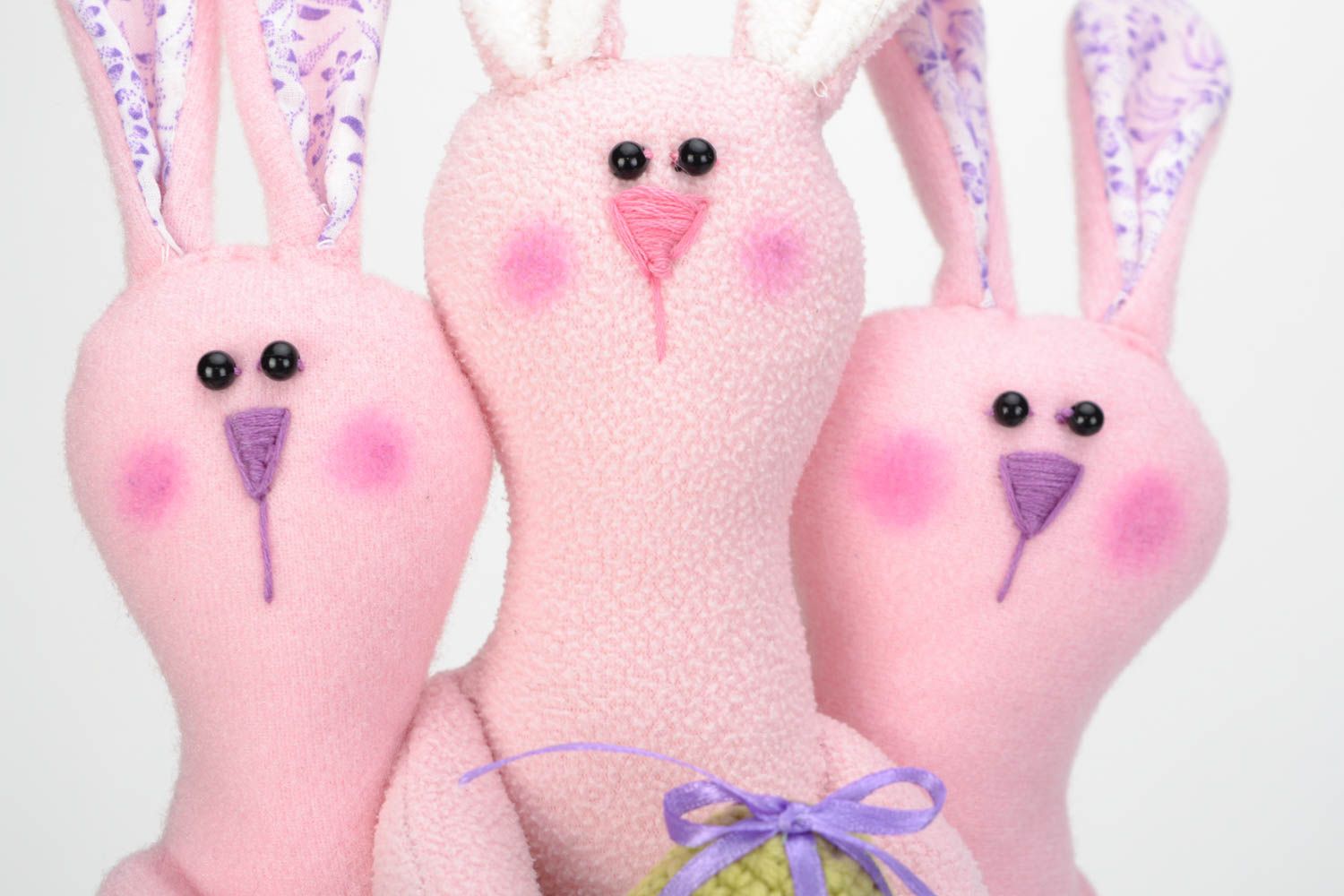 Set of handmade fabric toys Bunnies 3 pieces beautiful pink fleece toys with eggs photo 4