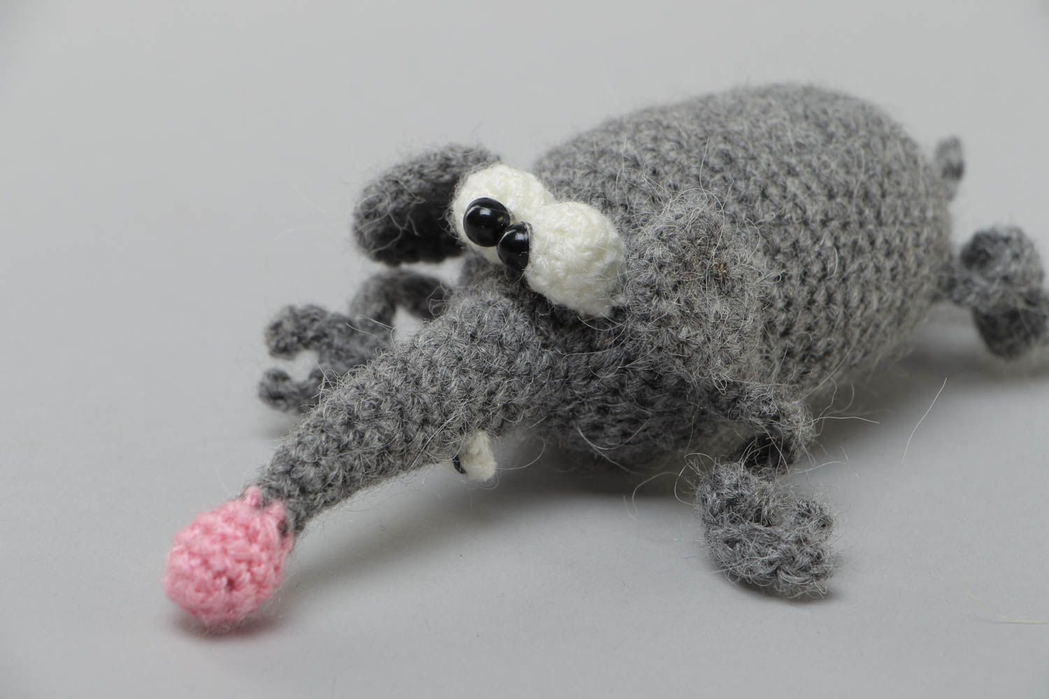 Handmade soft toy crocheted of acrylic threads funny gray mouse with long nose photo 2