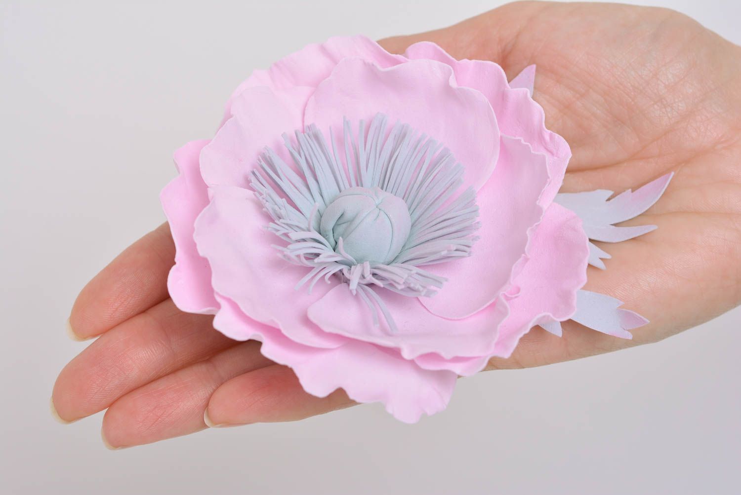 Handmade designer hair clip with large tender pink foamiran poppy flower photo 3