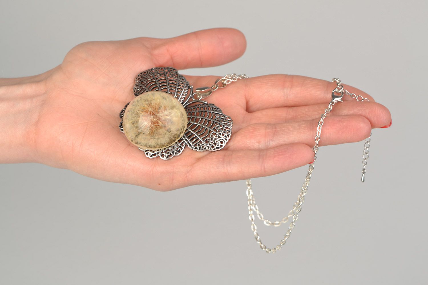 Tender handmade round pendant with dandelion flower in epoxy resin on chain  photo 2
