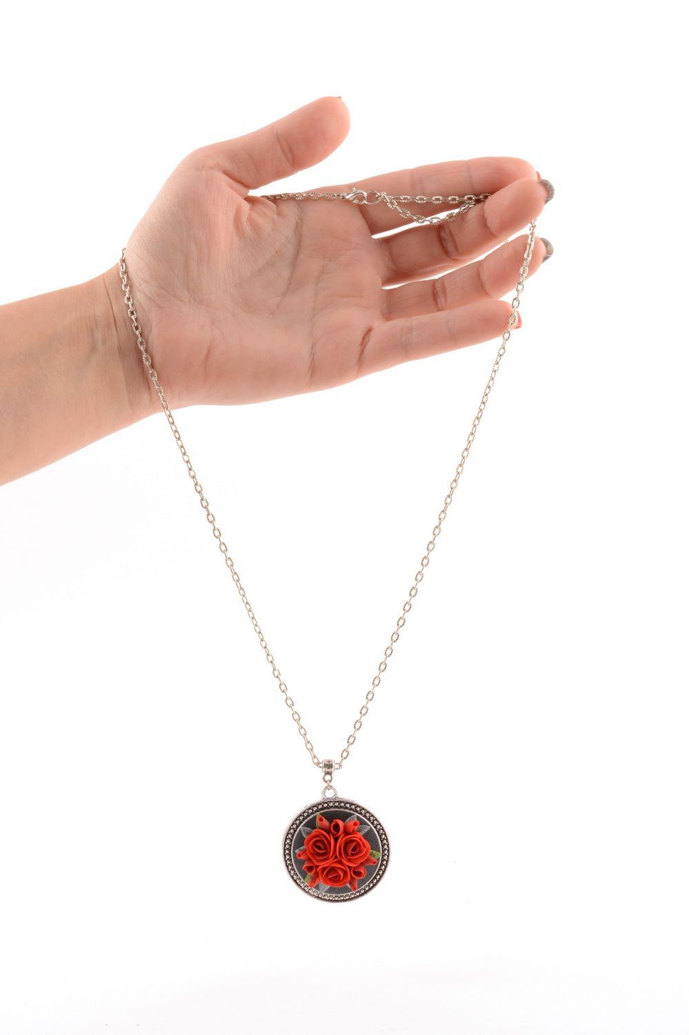 Handmade round metal pendant on chain with small polymer clay red rose flowers photo 5