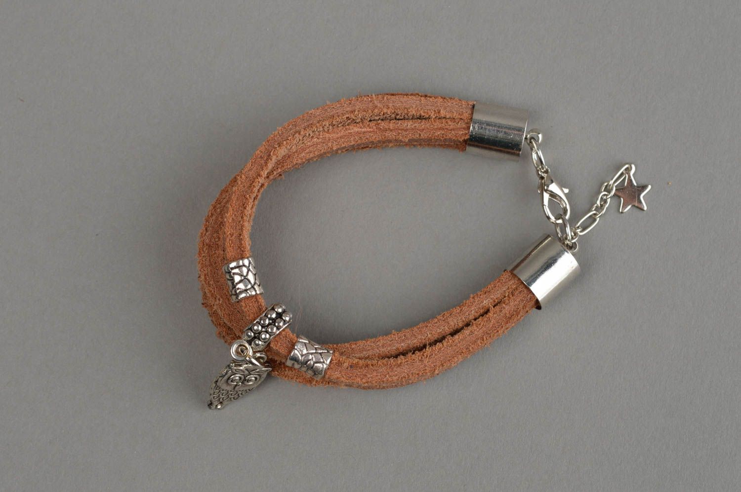 Bracelet en vrai cuir marron avec breloque en forme de hibou fait main multirang photo 8