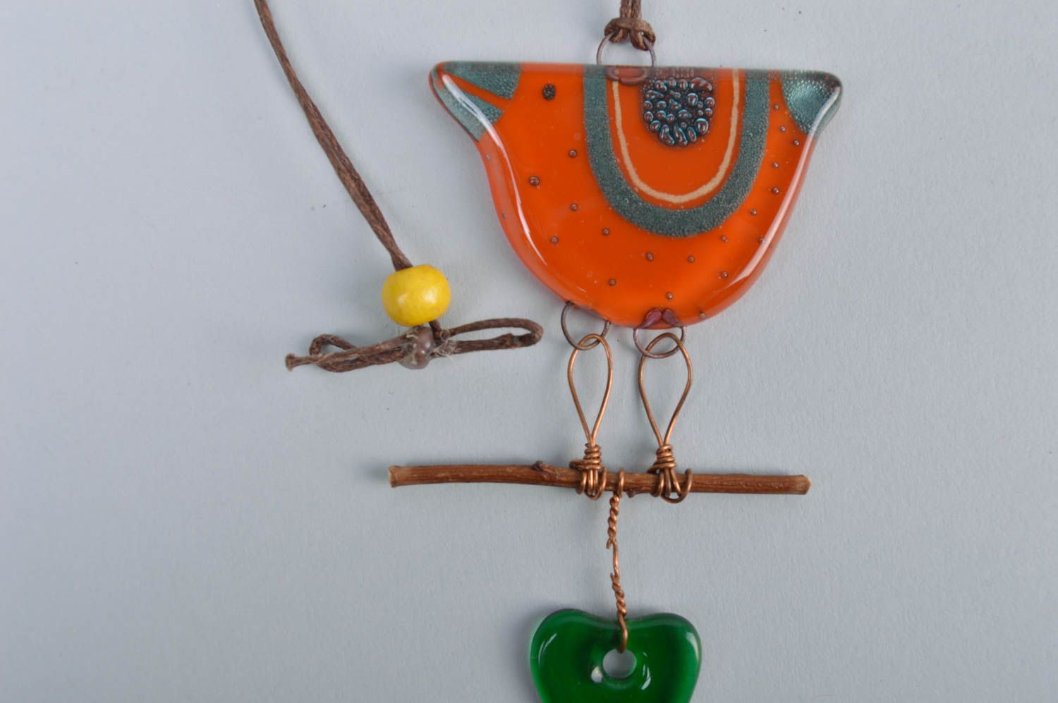 Handmade designer fused glass wall hanging orange bird and green heart photo 4