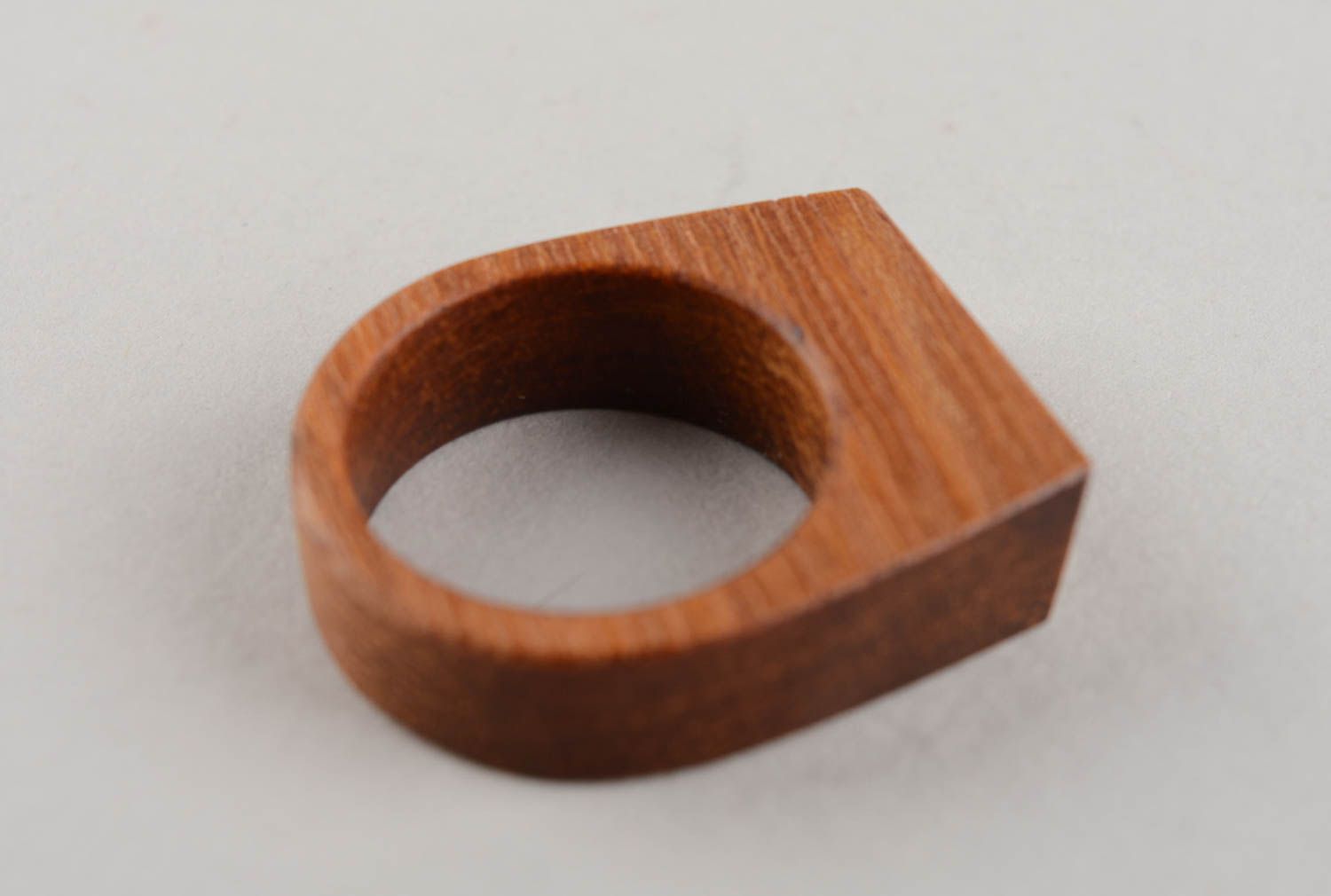 Handmade designer light brown female ring made of wood of unusual shape photo 3