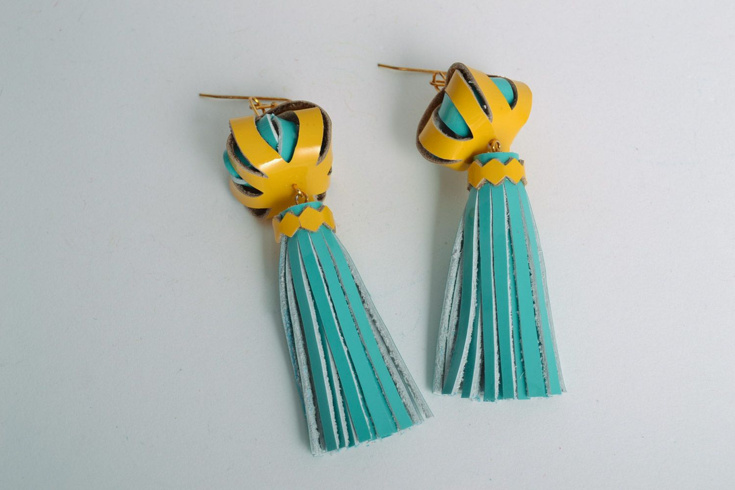 Yellow and blue handmade patent leather tassel earrings photo 3