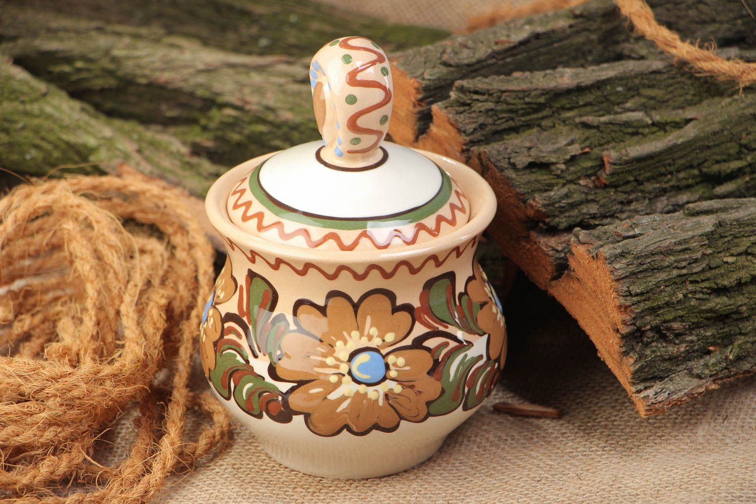 Handmade ceramic sugar bowl painted with colorful glaze with lid for 300 ml photo 1