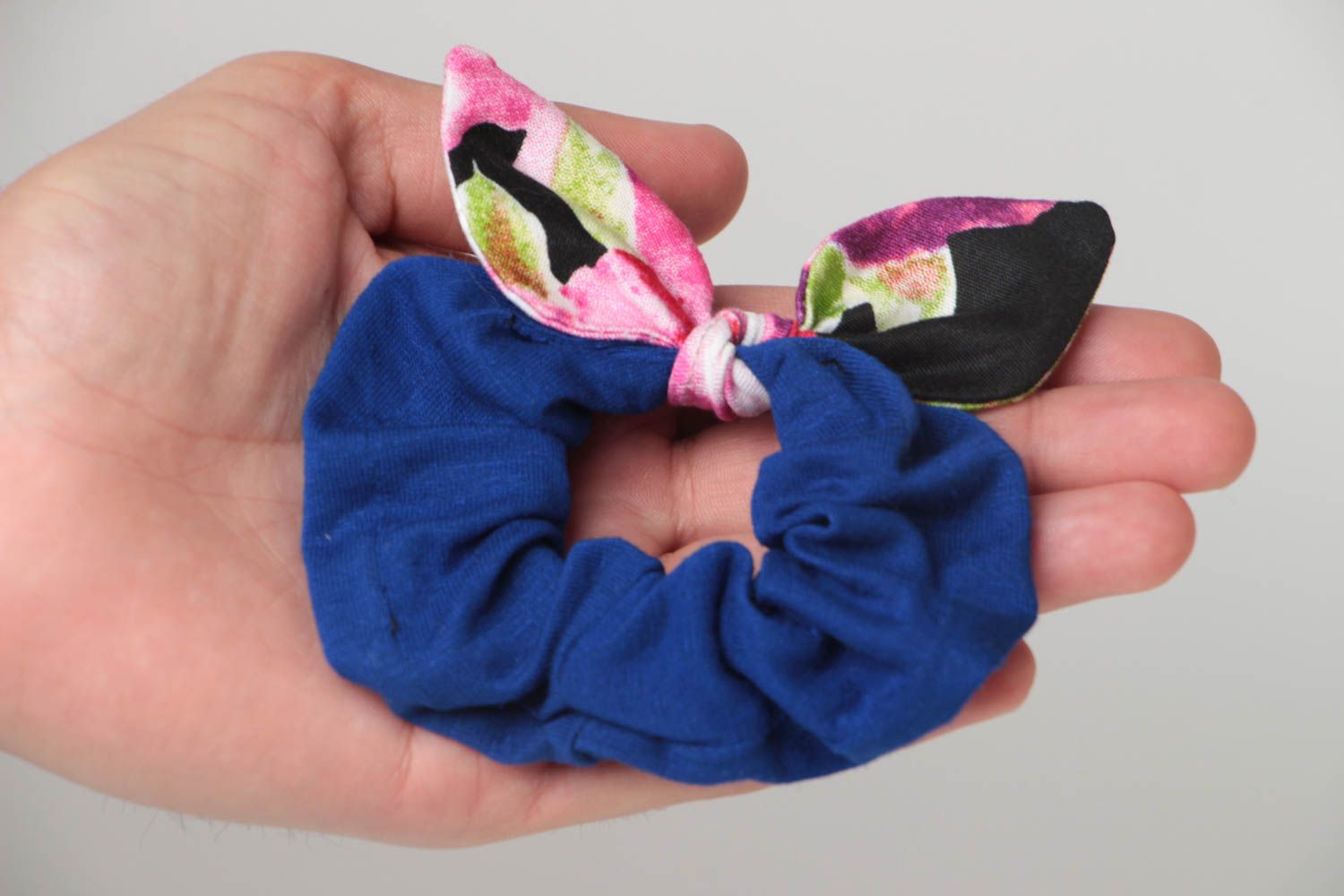 Handmade decorative bright blue fabric hair band with colorful dolly bow photo 5