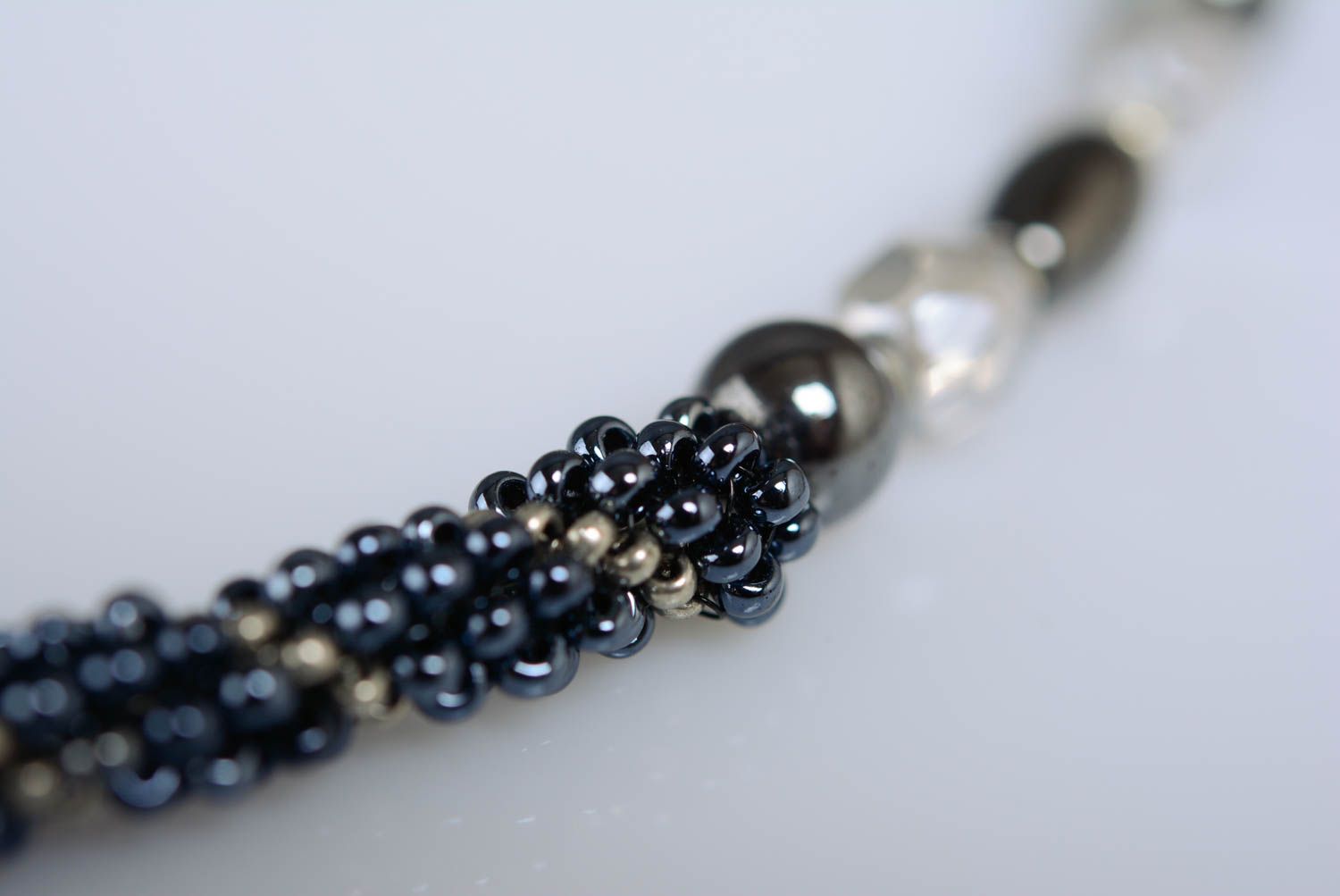 Large beaded handmade dark necklace with natural larvikite stone  photo 5