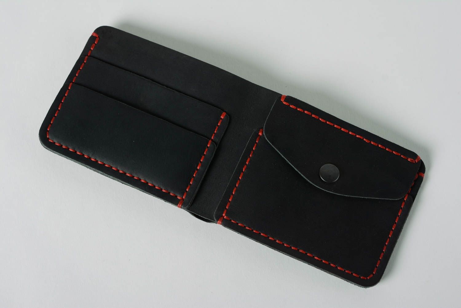 Handmade black genuine leather wallet with embossing stitched with red threads photo 3