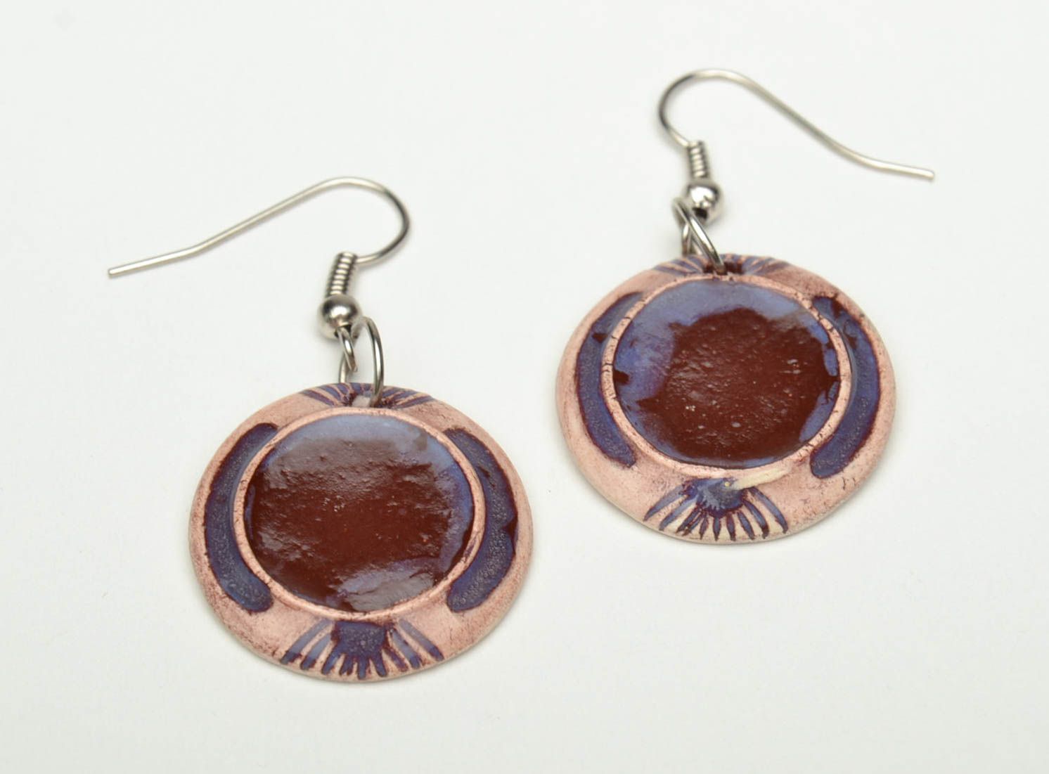 Round clay earrings painted with color enamels photo 2