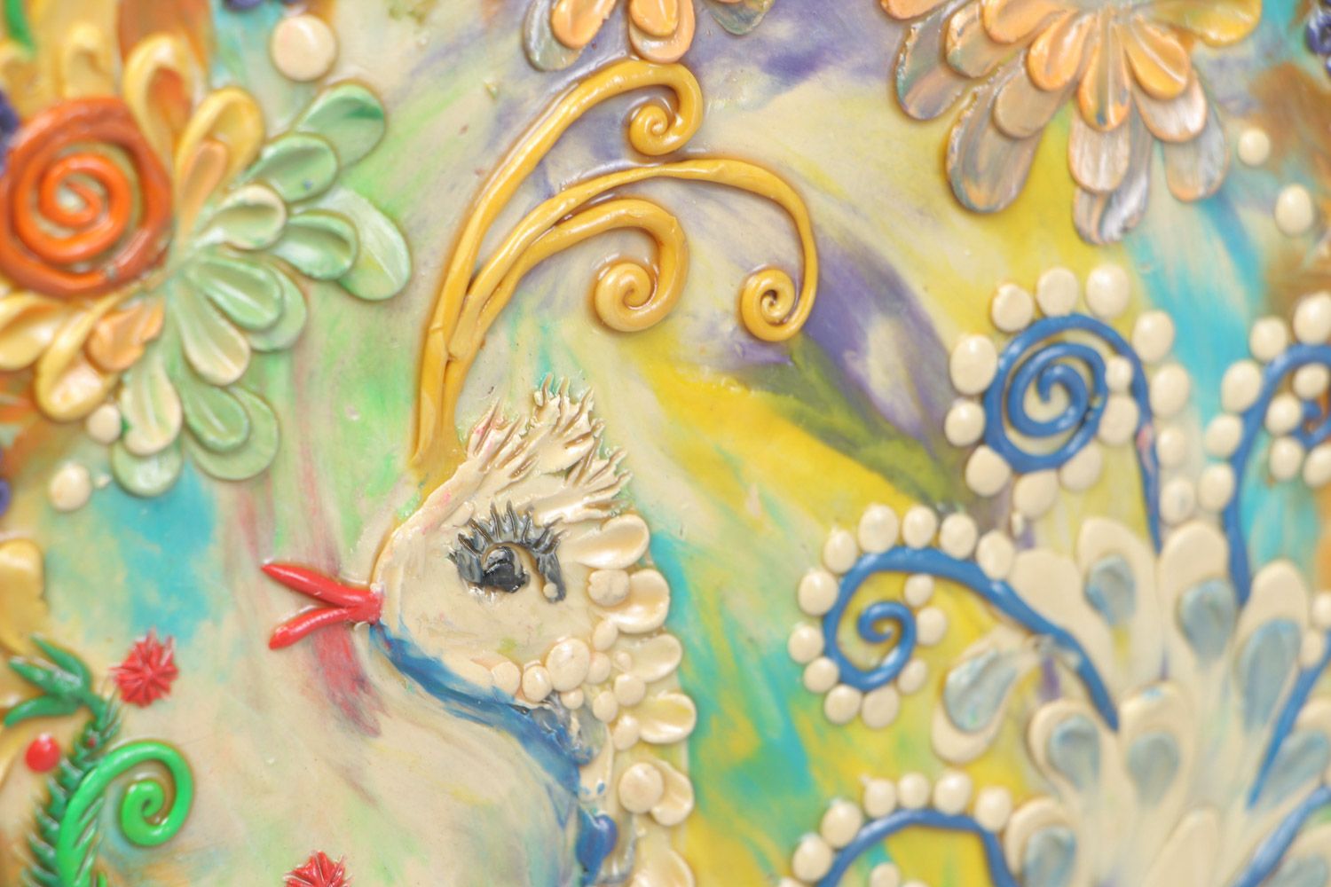 Картина вылепленная из пластилина в деревянной раме с птицей ручная работа фото 3