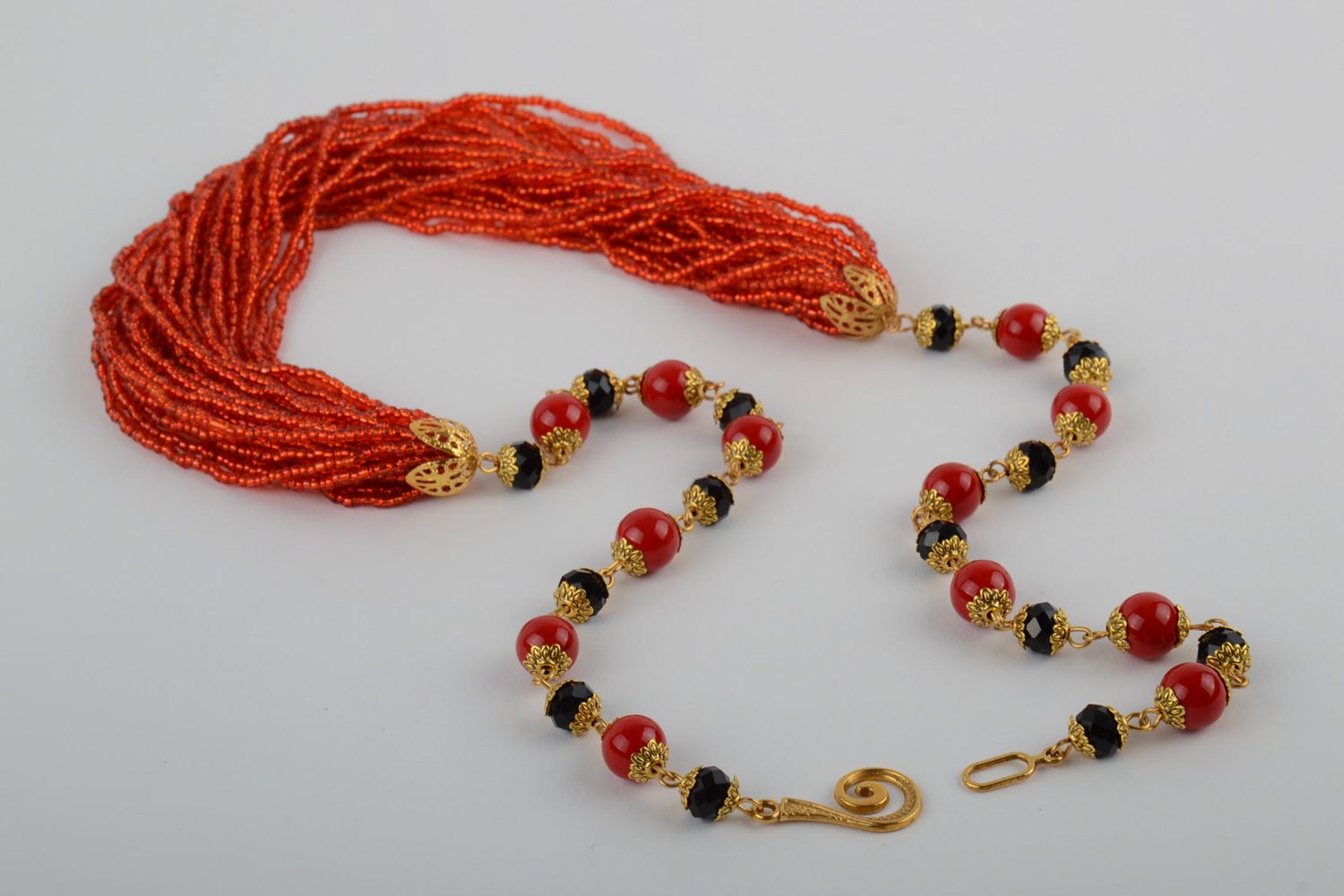 Handmade multi row necklace woven of Czech and wooden beads of red and black colors photo 2