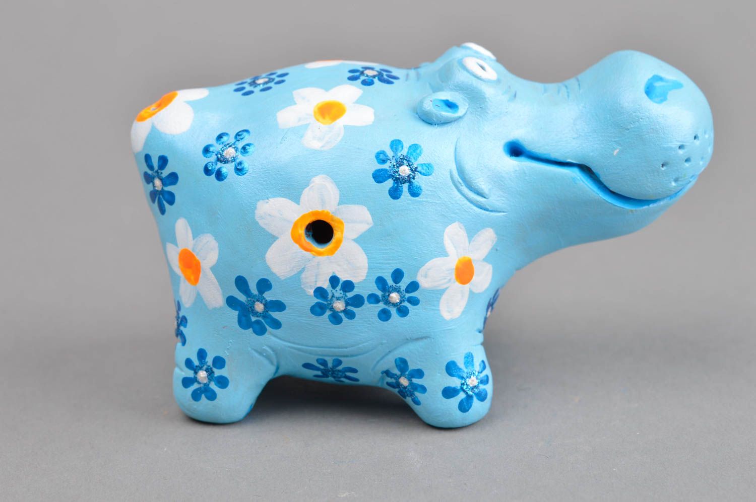 Sifflet jouet fait main Instrument de musique Figurine hippopotame bleue photo 2