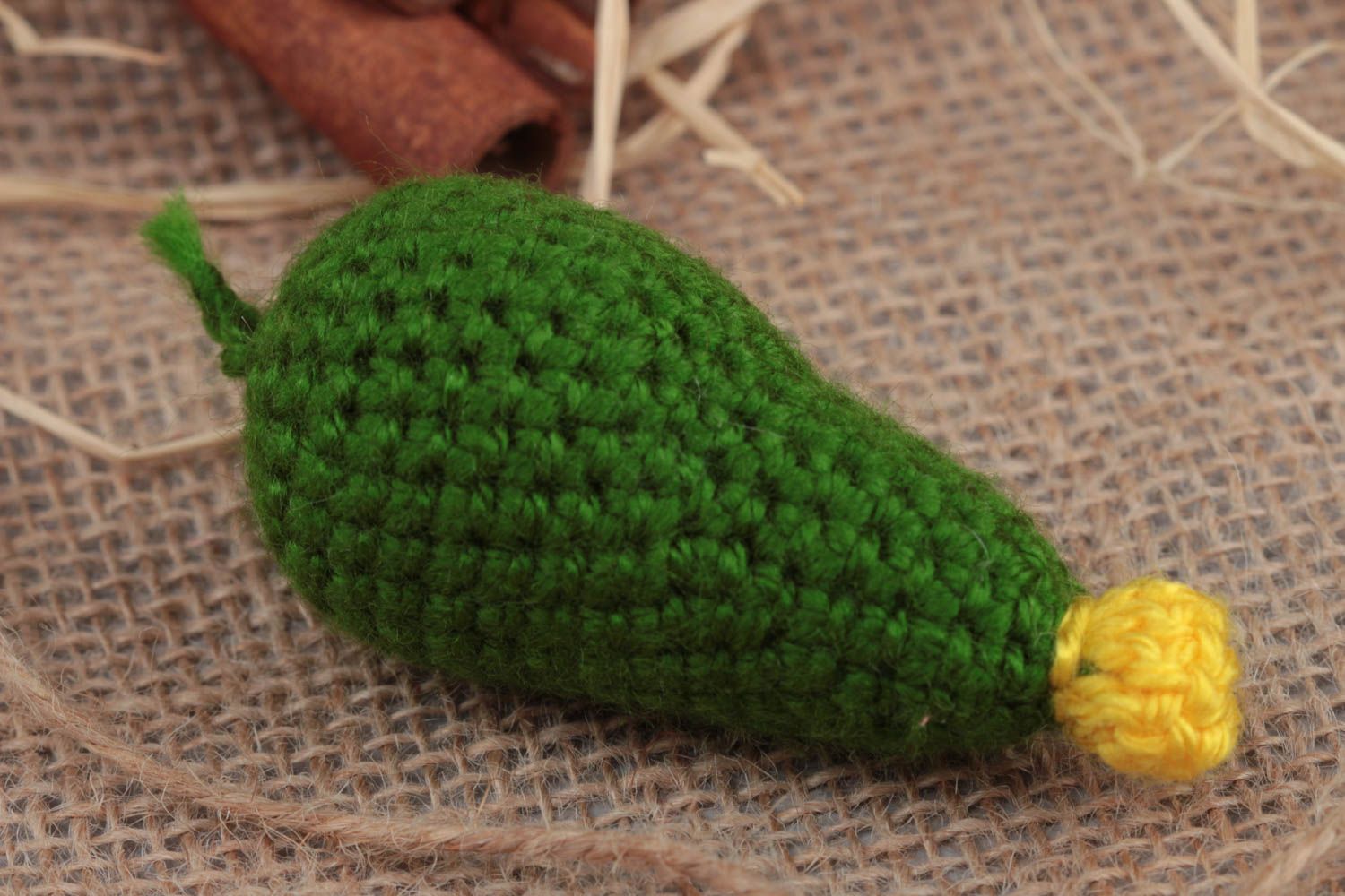 Handmade small acrylic crochet soft toy green cucumber for kids and interior decor photo 1