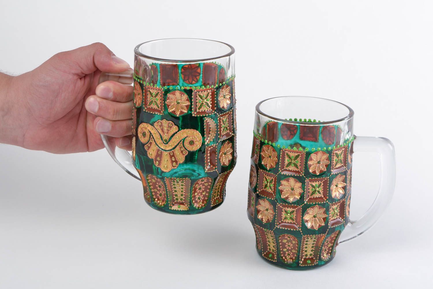 Handmade decorative glass beer mug with acrylic dot painting green and brown  photo 2