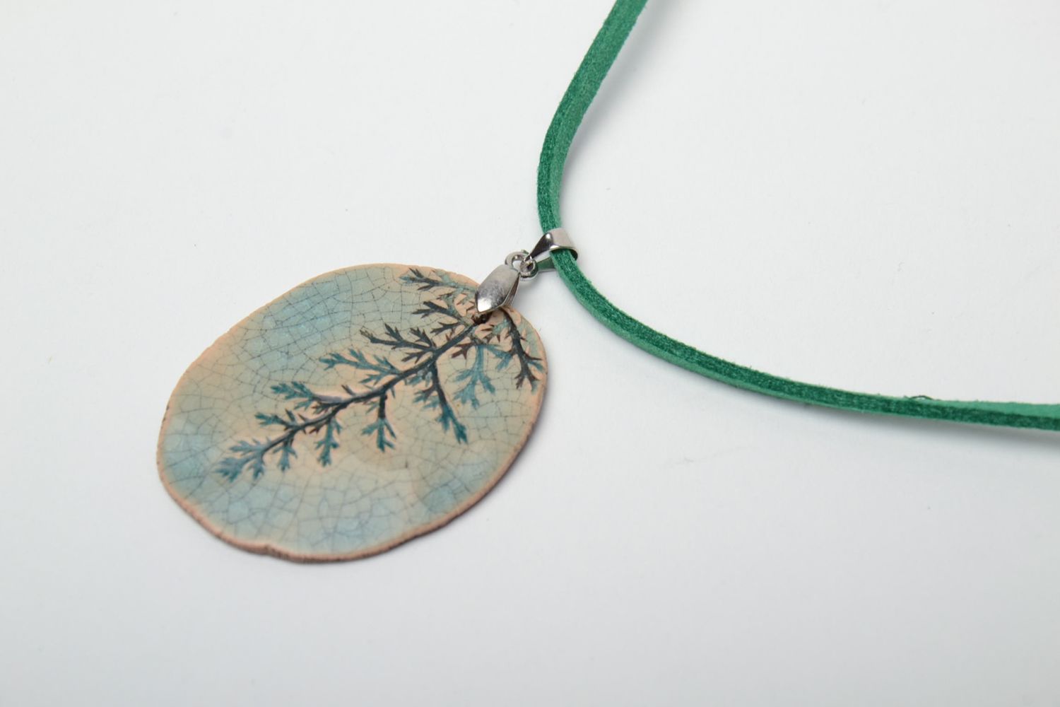Enamel and glaze painted clay pendant with leather cord photo 3