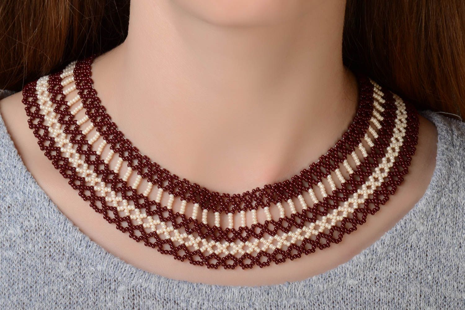 Brown and beige handmade designer wide necklace woven of Czech beads photo 1