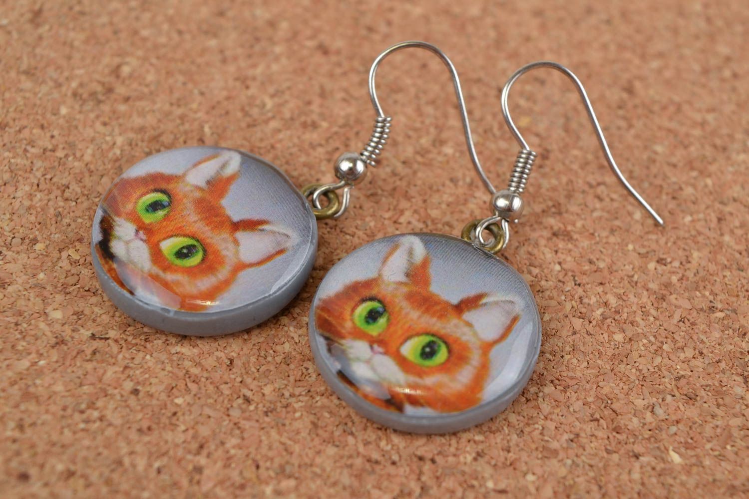 Handmade designer funny round polymer clay decoupage earrings with red cats photo 1