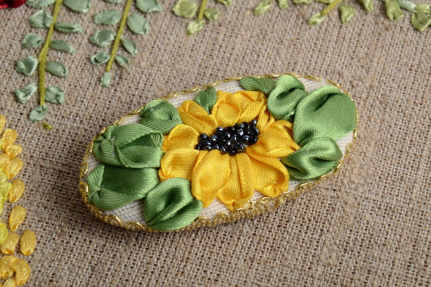 Handmade elegant yellow large oval brooch with ribbon embroidery photo 1