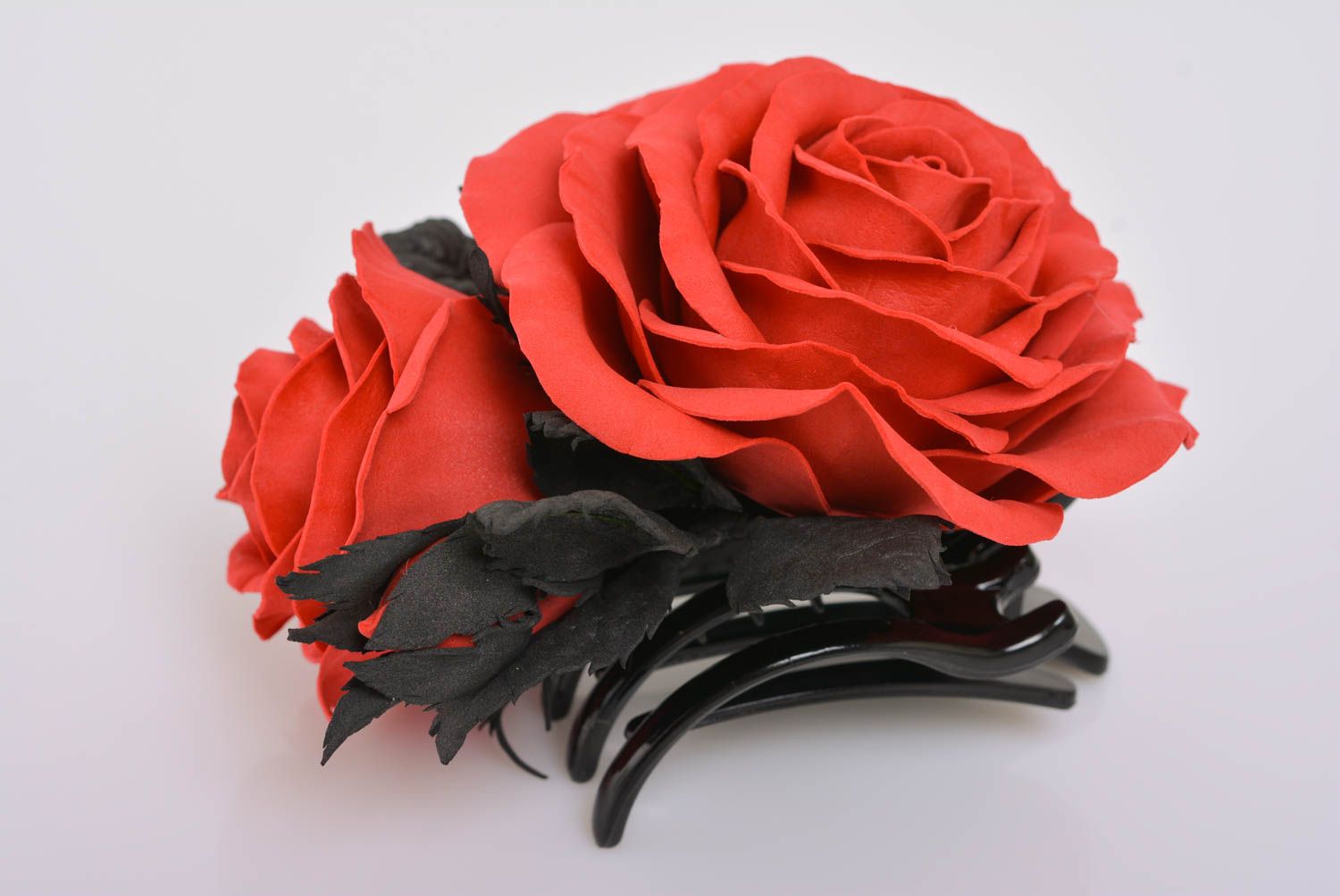 Handmade designer hair clip with volume black and red foamiran rose flowers photo 1