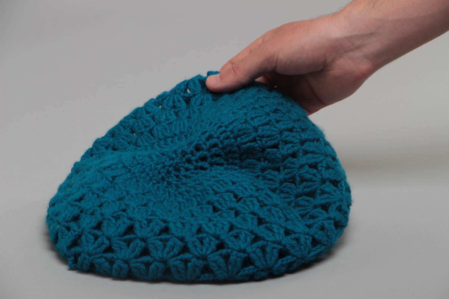 Beautiful stylish handmade women's crochet lace beret of dark turquoise color photo 5