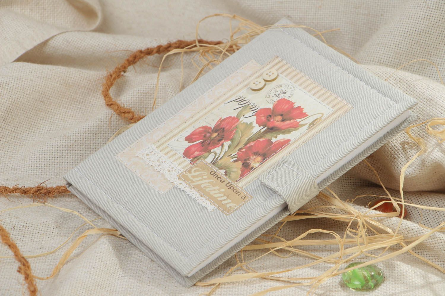 Handmade decorative recipe book with gray fabric cover with velcro fastener photo 1