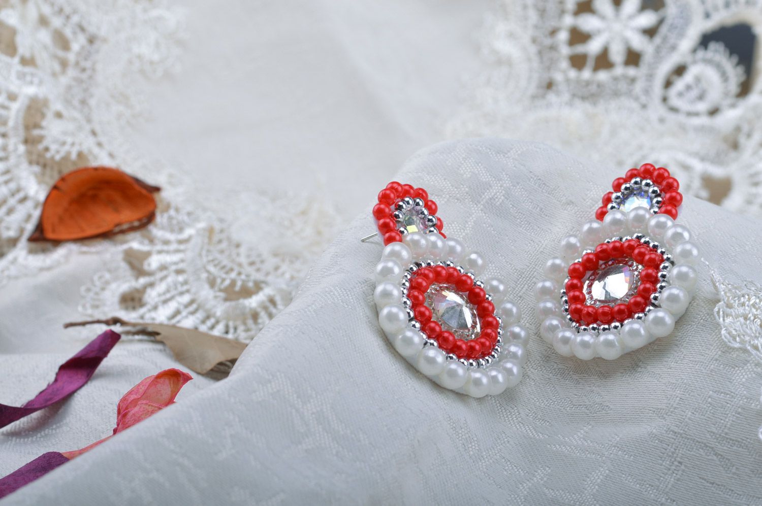 Festive handmade round stud earrings with beads in white and red colors photo 4