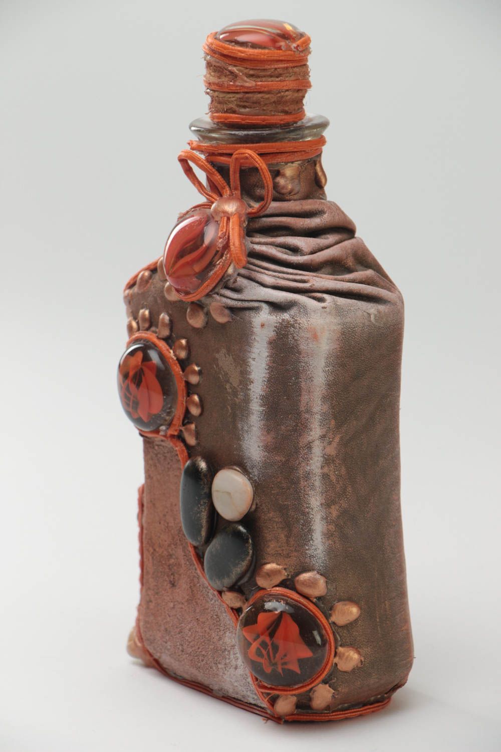 Handmade designer painted bottle decorated with genuine leather and stones photo 2