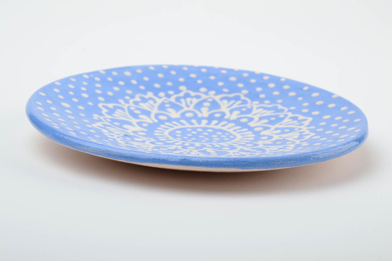 Handmade decorative blue polka dot glazed ceramic saucer with white ornaments  photo 4