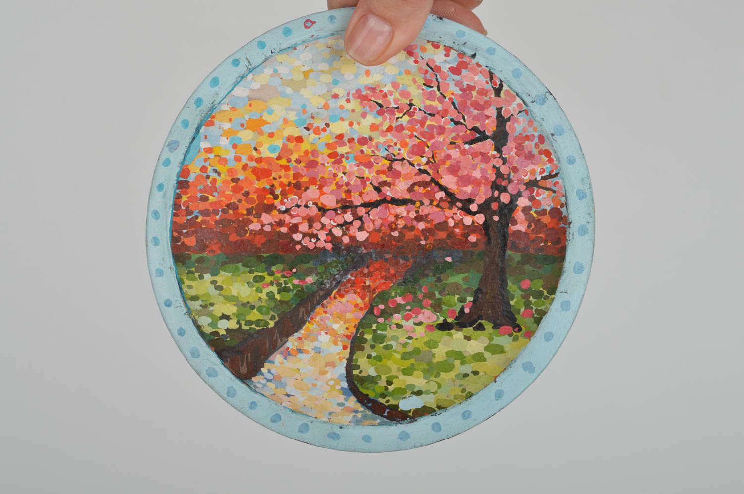Керамическая тарелка расписанная акриловыми красками декоративная хэндмэйд Осень фото 3