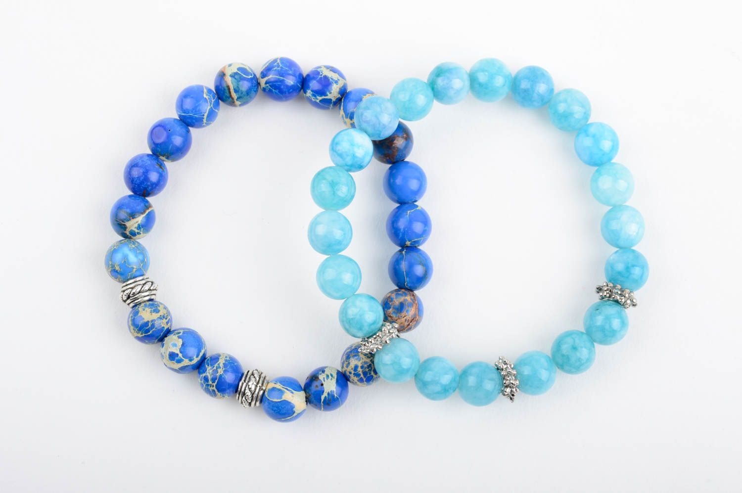 Набор браслетов из натуральных камней ручной работы женские синий и голубой фото 1