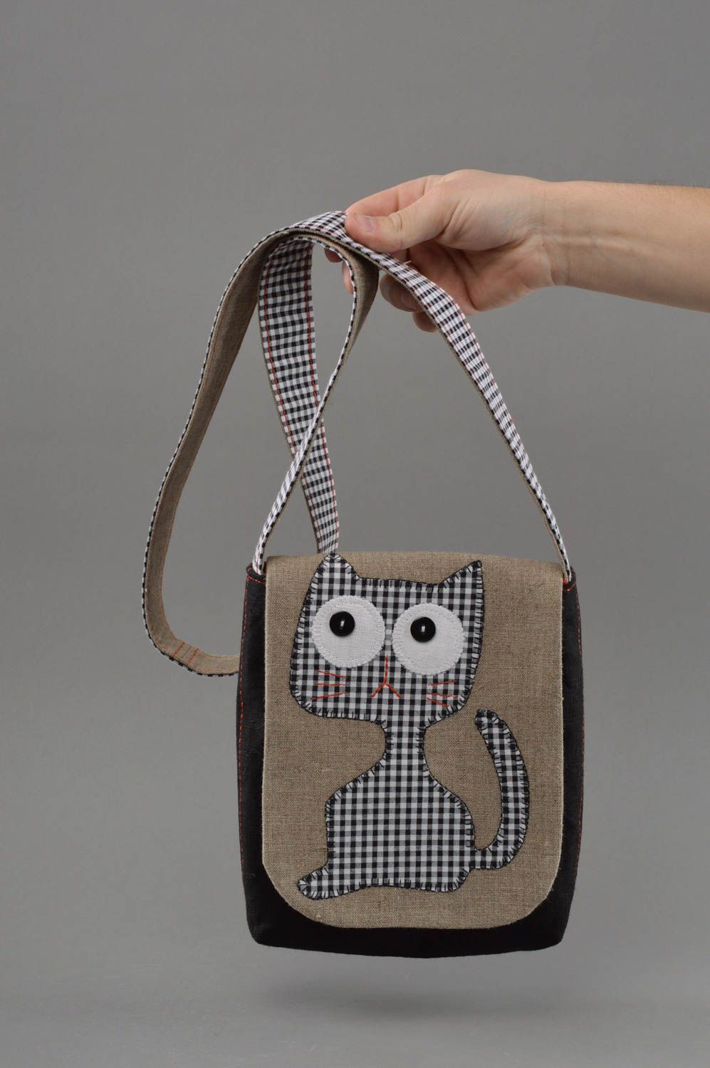 Funny handmade gray textile shoulder bag with applique work Cat casual bag photo 4