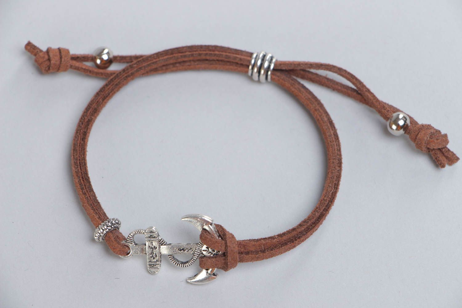 Handmade brown artificial suede cord bracelet with anchor charm photo 2