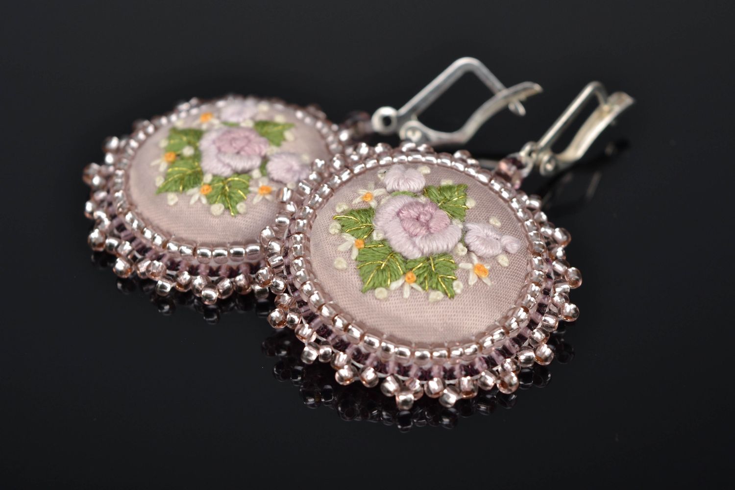 Round handmade earrings with embroidery  photo 1