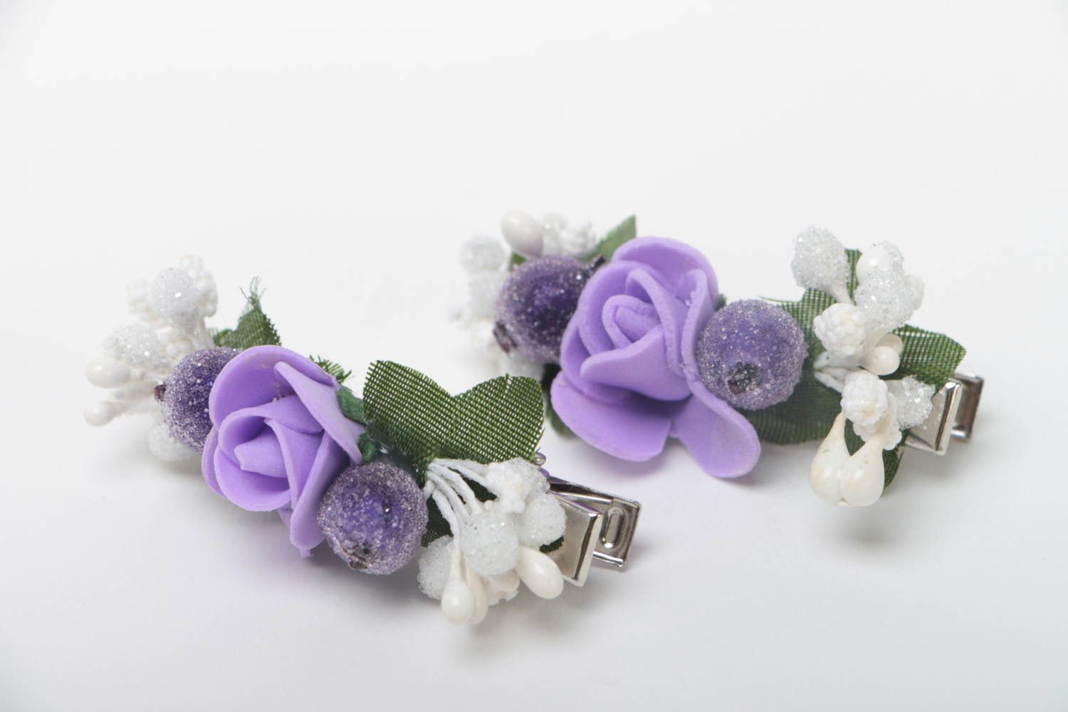 Handmade flower hair clips set of unusual accessories cute jewelry 2 pieces photo 2