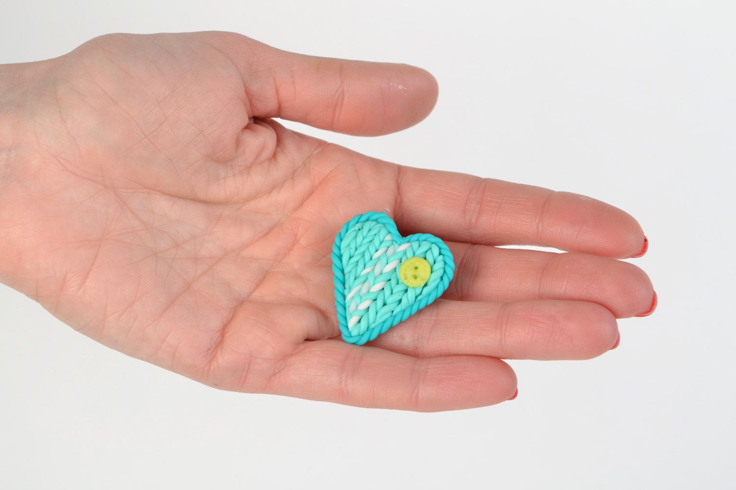 White and yellow handmade polymer clay brooch in the shape of heart photo 2