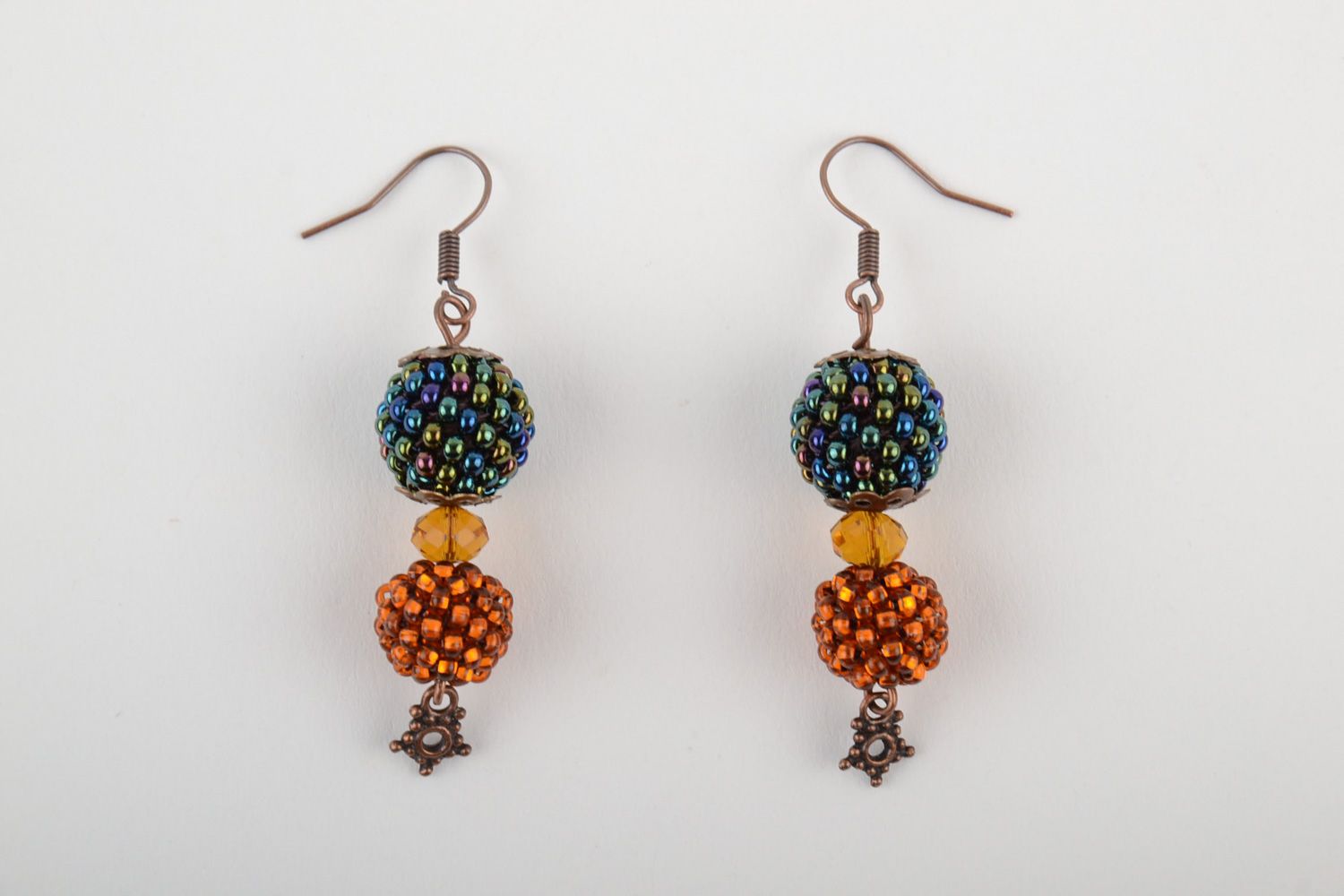 Handmade festive dangle earrings woven of Czech beads with bronze ear wires photo 4